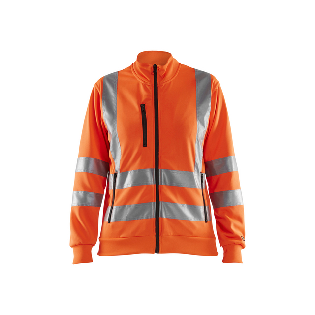 Orange varseltröja med långa ärmar och reflexband över bröst och ärmar. Svart dragkedja och bröstficka.