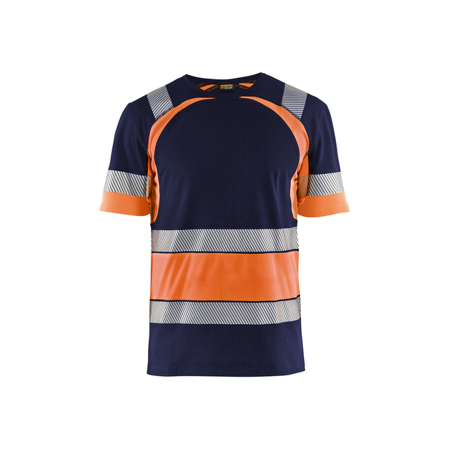 Marinblå t-shirt med varselorange partier och reflexband på bröst, ärmar och mage.