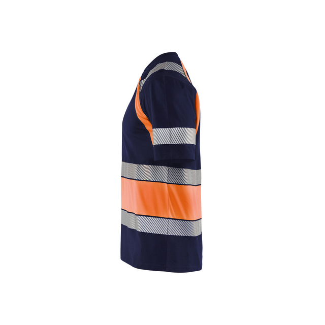 Mörkblå kortärmad arbetsväst med orange och reflekterande ränder, sedd från sidan.