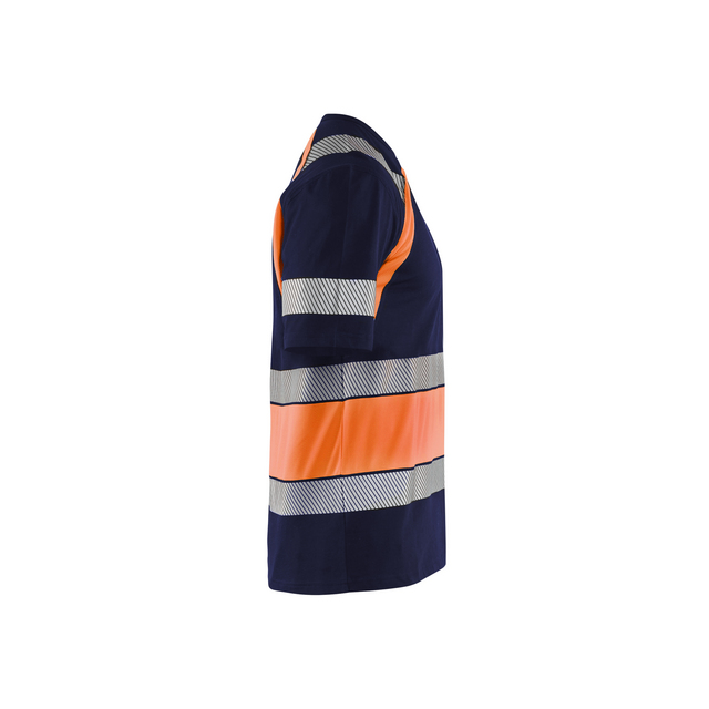 Marinblå och orange varseltröja med reflexränder i profil.