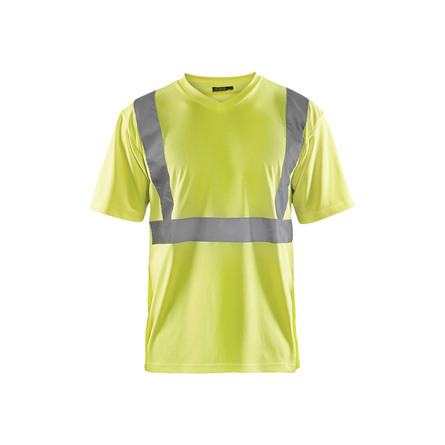 Gul varsel-T-shirt med grå reflexband över axlar och runt midjan. Kortärmad design.