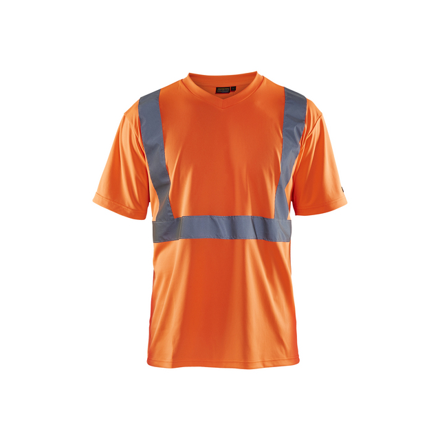 Varsel-T-shirt i orange med grå, reflekterande ränder över axlarna och runt midjan.