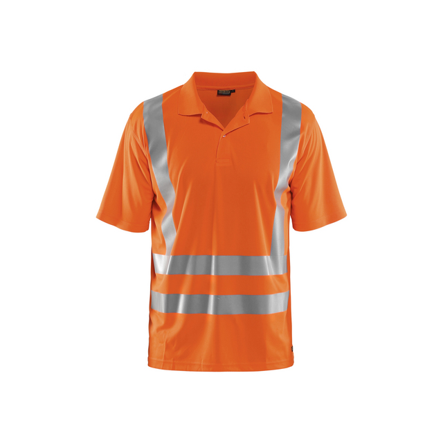 Orange pikétröja med reflexband över bröst och mage, samt ärmar.