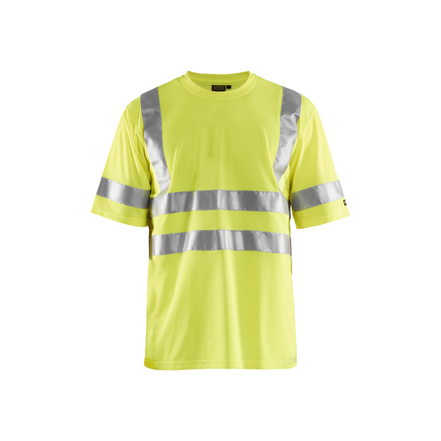 Varselgul T-shirt med korta ärmar och reflekterande silverband på bröst, axlar och ärmar.