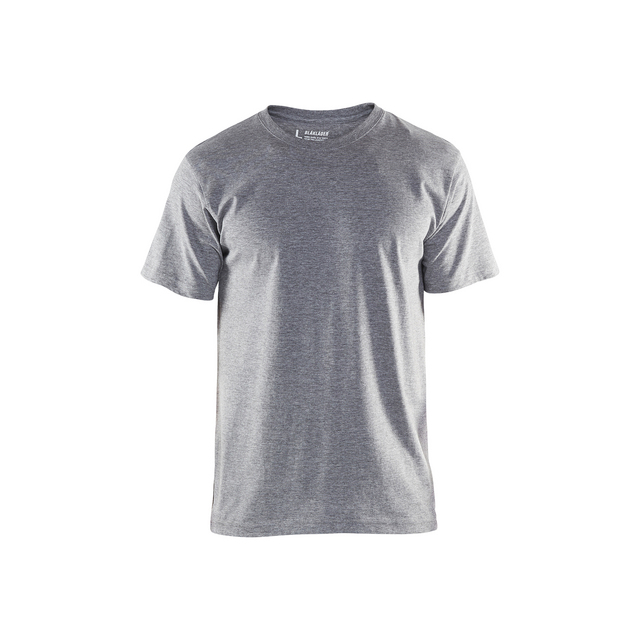 Grå t-shirt med rund hals och korta ärmar mot vit bakgrund.