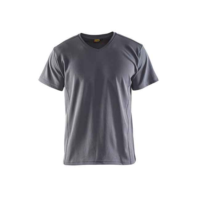 Kortärmad grå t-shirt med V-ringning, mot vit bakgrund.