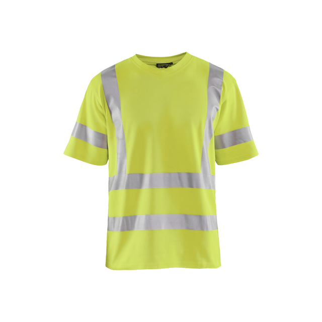 Varselgul T-shirt med korta ärmar och reflekterande silverfärgade ränder över bröst, rygg och ärmar.