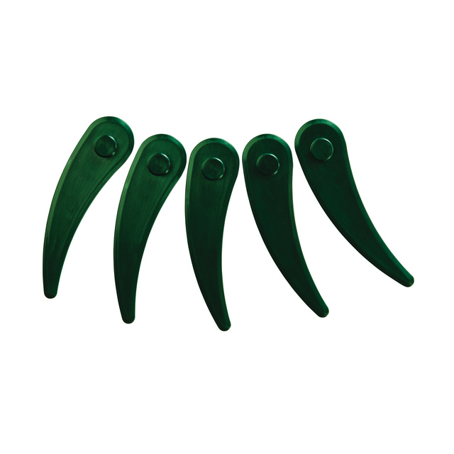 Fem gröna plastknivar med böjda blad och runda baser, placerade i rad mot en vit bakgrund.
