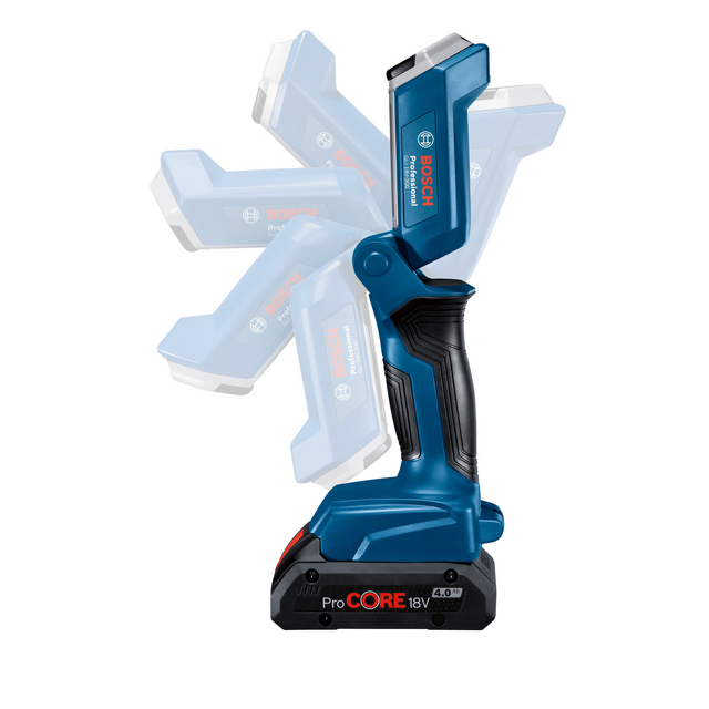 Blå Bosch ProCORE 18V arbetslampa med ledad design, skuggor visar justerbarhet.