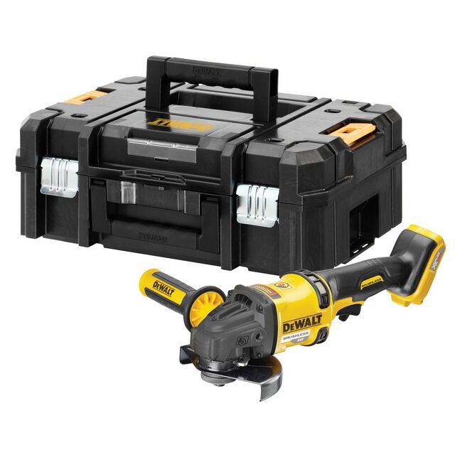 Svart och gul slipmaskin från DeWalt med tillhörande svart förvaringslåda med handtag och lås.