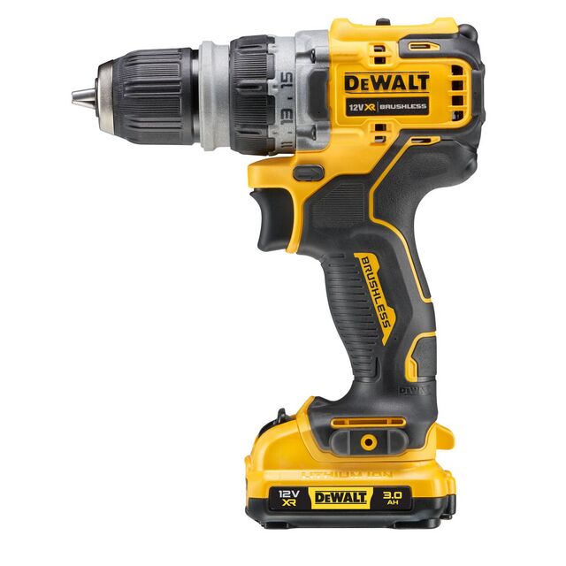 Sladdlös gul och svart borrmaskin med texten DEWALT 12V XR BRUSHLESS och batteri på 3.0 Ah.