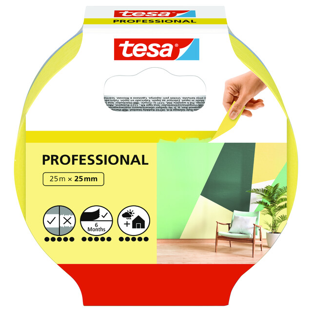 Förpackning av Tesa Professional maskeringstejp med bild av målade väggar och texten 25m x 25mm.