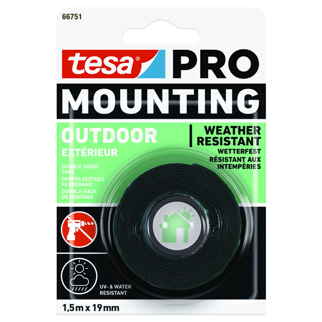 Förpackning av tesa PRO Mounting Outdoor-tejp med svart tejprulle och text på framsidan.