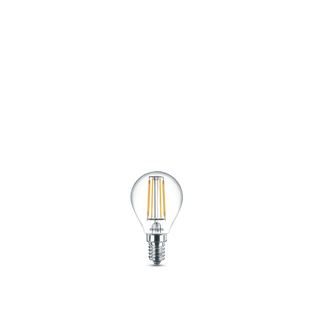 Klar LED-glödlampa med synliga filament och E14-sockel mot vit bakgrund.