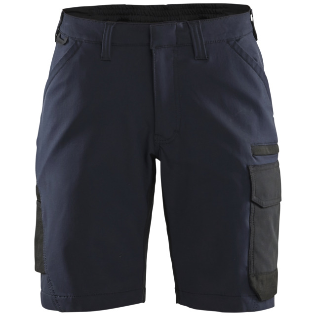 Marinblå/svarta arbetsshorts med flera fickor och bälteshällor.