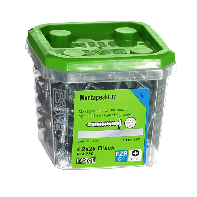 Plastförpackning med svarta montageskruvar, etikett med text på flera språk, storlek 4,2x25.