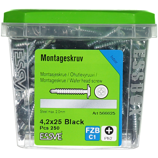Plastlåda med 250 svarta montageskruvar, 4,2x25 mm, ESSVE.