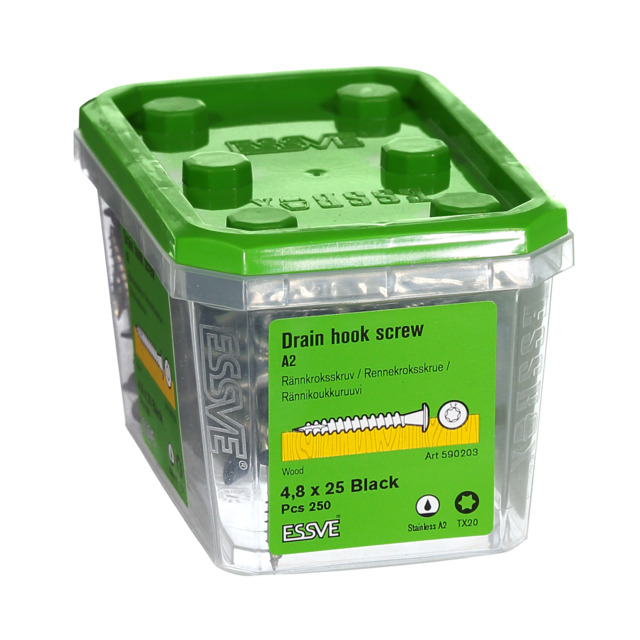 RÄNNKROKSKRUV ROSTFRI A2 SVART RAL9011 TX20 4,8X25 250ST