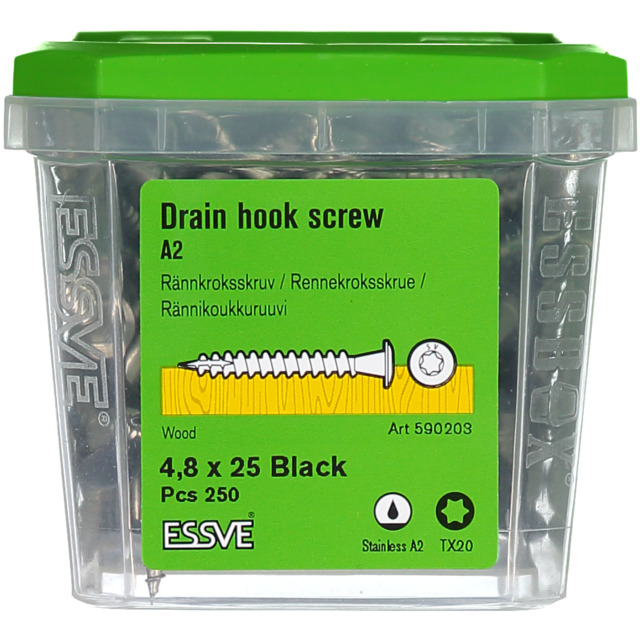 RÄNNKROKSKRUV ROSTFRI A2 SVART RAL9011 TX20 4,8X25 250ST