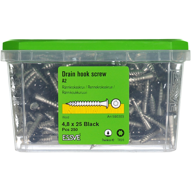 RÄNNKROKSKRUV ROSTFRI A2 SVART RAL9011 TX20 4,8X25 250ST