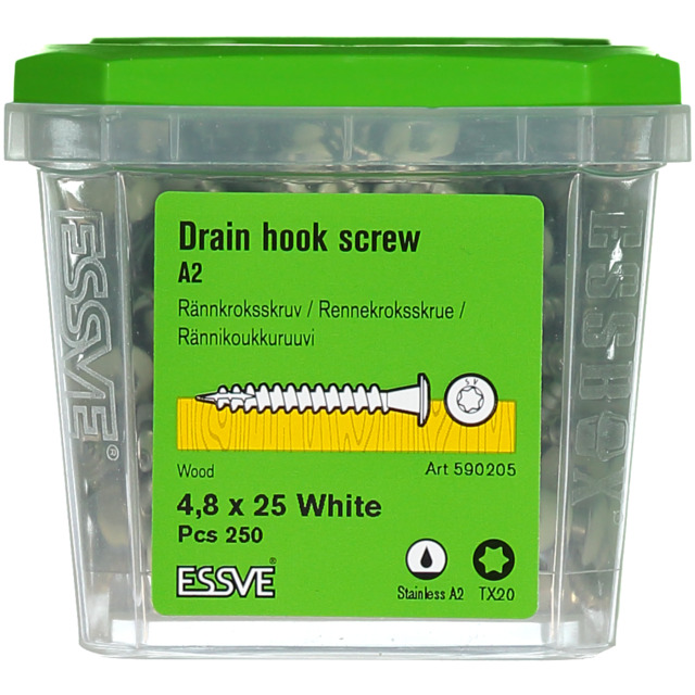 RÄNNKROKSSKRUV A2 RAL9010 VIT TX20  4,8X25MM 250ST