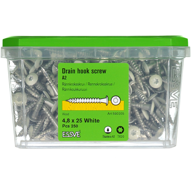 RÄNNKROKSSKRUV A2 RAL9010 VIT TX20  4,8X25MM 250ST