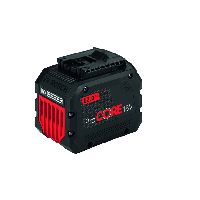 Svart och rött Bosch ProCORE 18V batteripack märkt med 12.0 Ah.