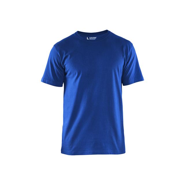 Kornblå t-shirt med korta ärmar och rund hals, etikett med storlek L synlig i nacken.