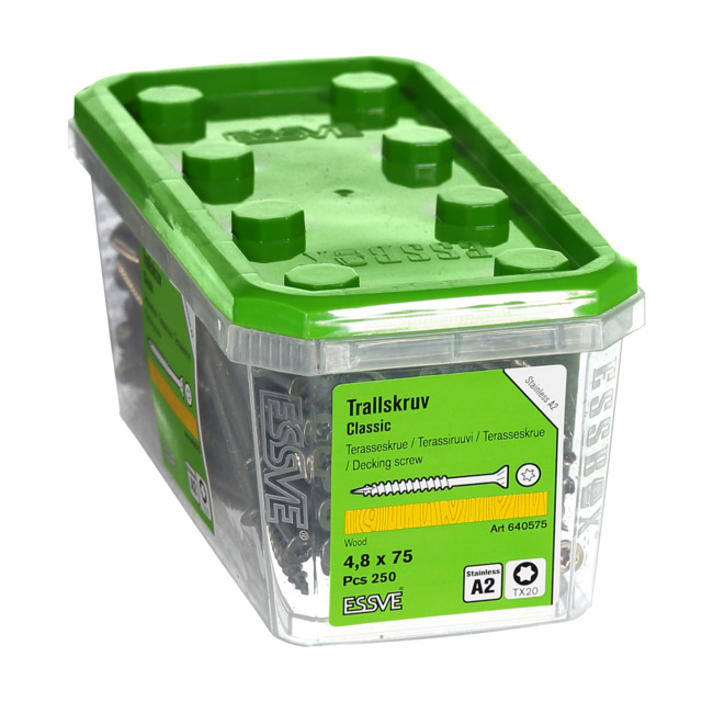 TRALLSKRUV ESSVE A2 4,8X75 250ST ROSTFRI A2 TX20