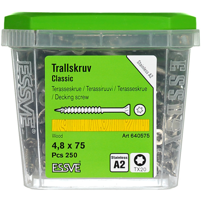 TRALLSKRUV ESSVE A2 4,8X75 250ST ROSTFRI A2 TX20