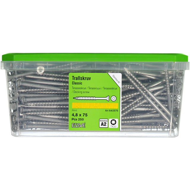 TRALLSKRUV ESSVE A2 4,8X75 250ST ROSTFRI A2 TX20