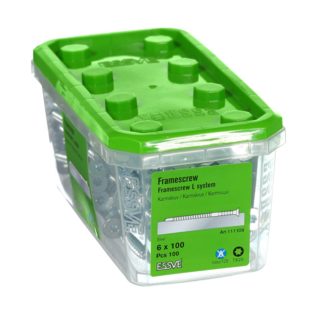 Plastförpackning med grönt lock innehållande 100 ramar- eller karmsskruvar från Essve.