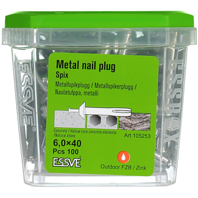Grön förpackning med metal nail plug av märket ESSVE. Innehåller 100 st, storlek 6,0x40 mm. Art 105253.