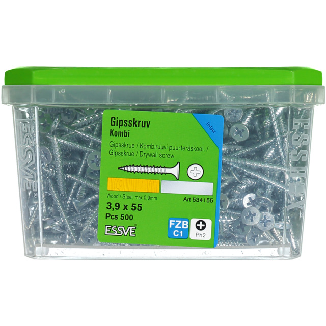 GIPSSKRUV KOMBI 3,9X55 FZ 500ST STÅL/TRÄ PH2 406504 (6)