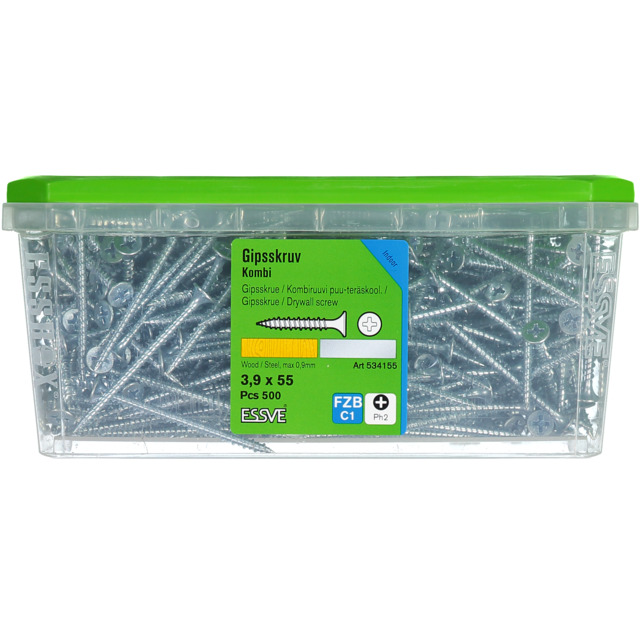 GIPSSKRUV KOMBI 3,9X55 FZ 500ST STÅL/TRÄ PH2 406504 (6)