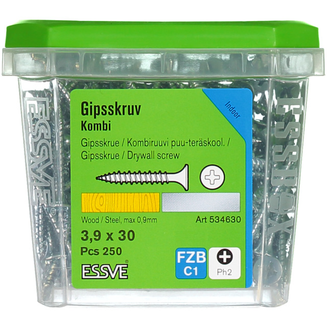 KOMBISKRUV 3,9X30 FZB 250ST GIPS/STÅL       406504