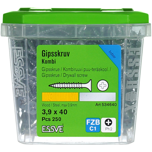 KOMBISKRUV 3,9X40 FZB 250ST GIPS/STÅL       406504