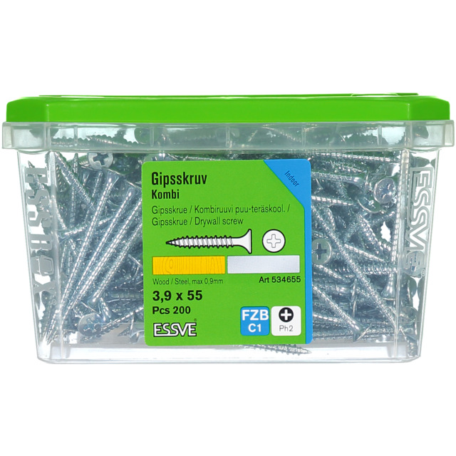 KOMBISKRUV 3,9X55 FZB 200ST GIPS/STÅL       406504