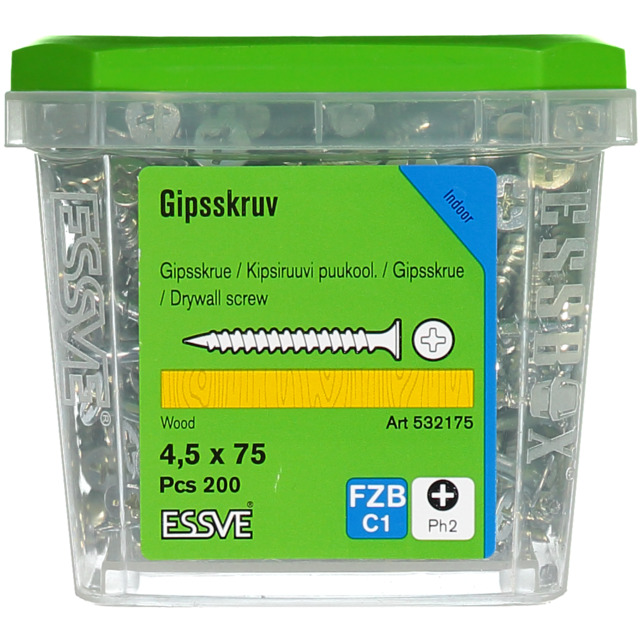 Förpackning med gipsskruv, grönt lock, text Gipsskruv 4,5 x 75 Pcs 200 Art 532175.