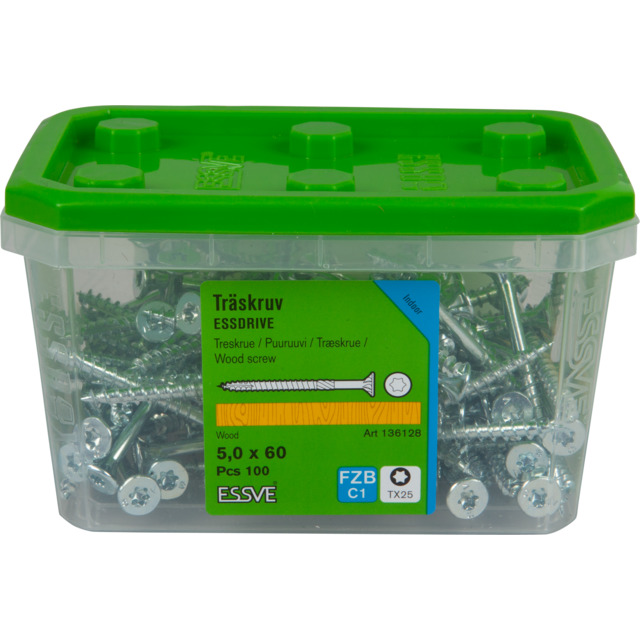 TRÄSKRUV 5,0X60 FH FZB 100ST ESSDRIVE TX25