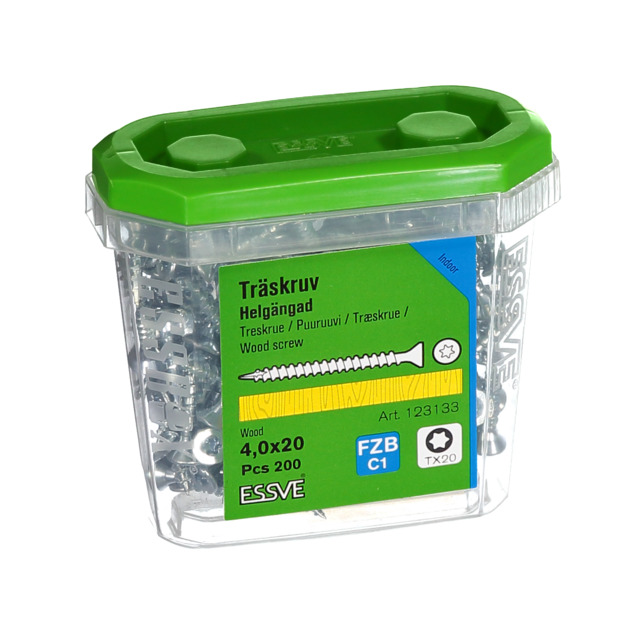 TRÄSKRUV FÖRSÄNKT HUVUD TX20 HELGÄNGAD FZB 4X20MM 200ST