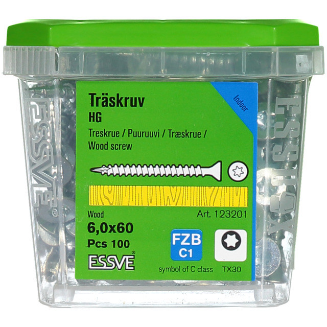 TRÄSKRUV FÖRSÄNKT HUVUD TX30 HELGÄNGAD FZB 6X60MM 100ST