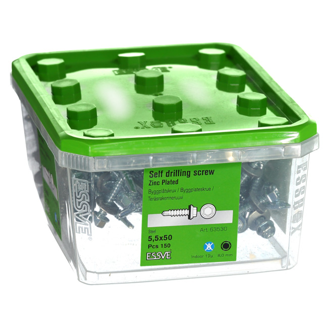 Plastförpackning med grönt lock, innehållande självborrande skruvar. Text: ESSVE, 5,5x50, Zink.