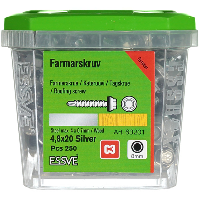 FARMARSKRUV BORRSPETS SEXKANTSH BRICKA SILVER 4,8X20 250ST