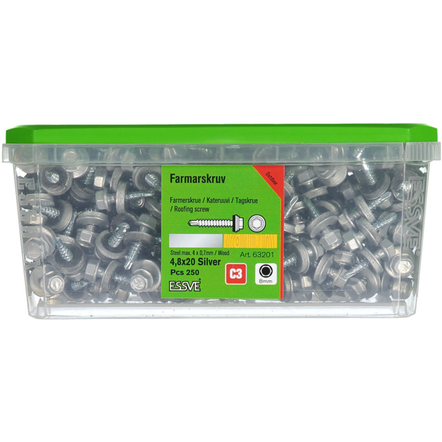 FARMARSKRUV BORRSPETS SEXKANTSH BRICKA SILVER 4,8X20 250ST