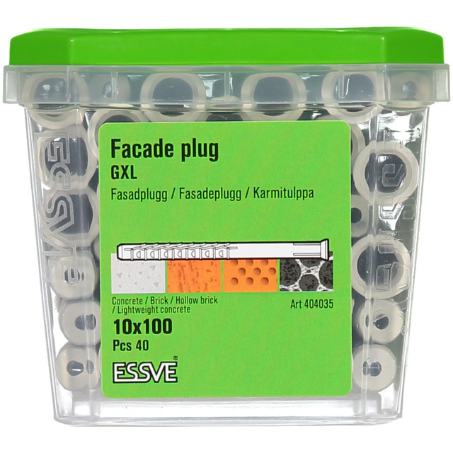 Förpackning med 40 fasadpluggar, märket ESSVE, GXL 10x100 mm.