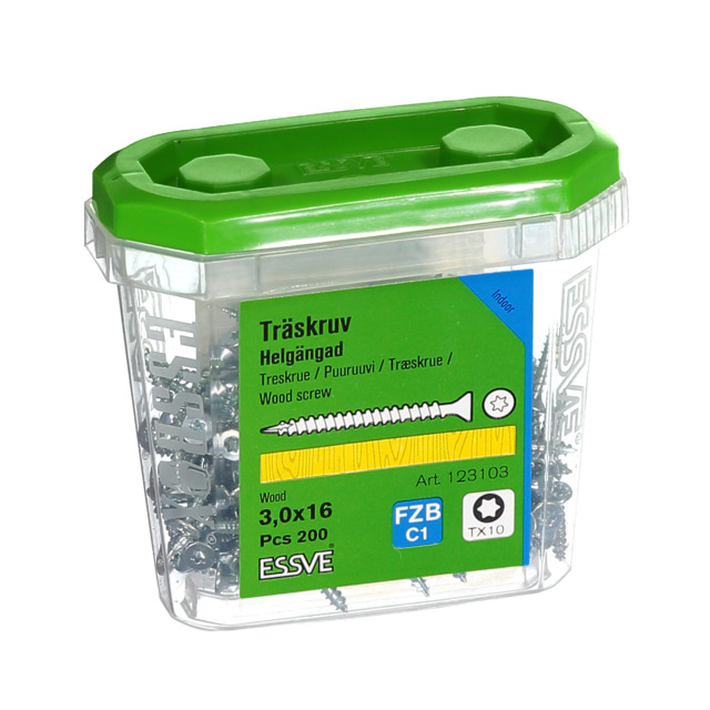 TRÄSKRUV FÖRSÄNKT HUVUD TX10 HELGÄNGAD FZB 3X16MM 200ST