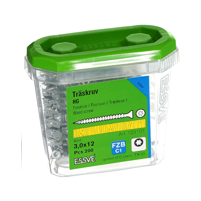 TRÄSKRUV FÖRSÄNKT HUVUD TX10 HELGÄNGAD FZB 3X12MM 200ST