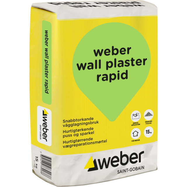 Förpackning av Weber Wall Plaster Rapid 15 kg med grönt tryck mot gul och vit bakgrund.
