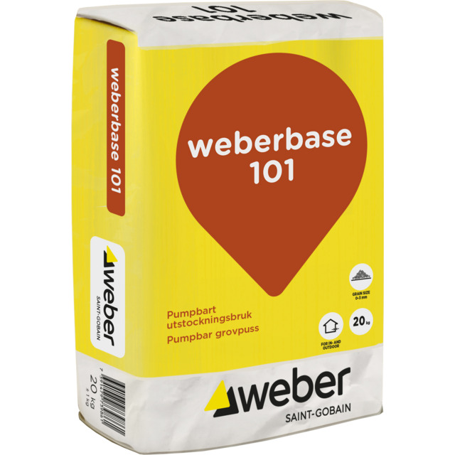 Förpackning med texten weberbase 101 Pumpbart utstockningsbruk Pumpbar grovputs, logotyp och symboler.